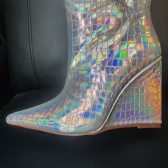 Iridescent Silver Knee High Textured High Heel Boots - Picture 8 of 8